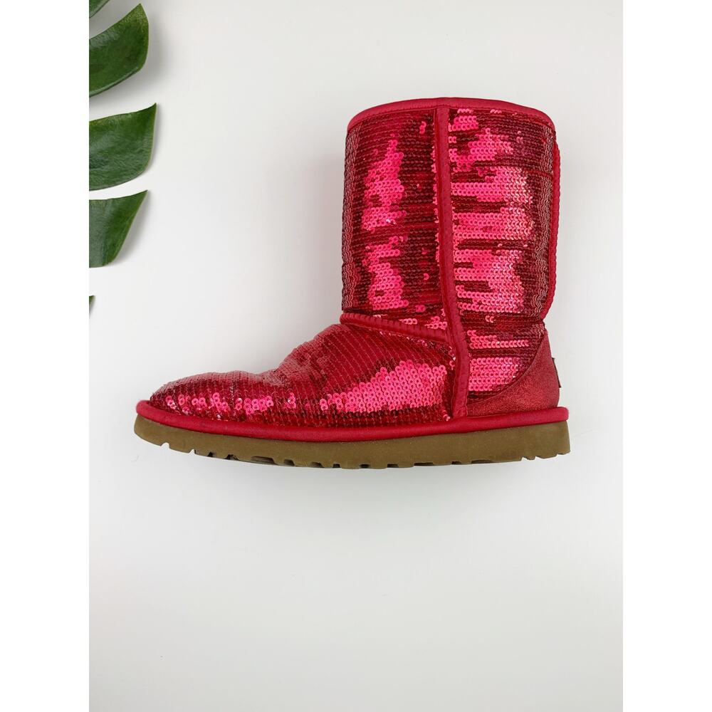 Ugg Classic Sequin Sparkle Boots Short Pink Ruby Red Plush Lining Women's 6 - Picture 9 of 12
